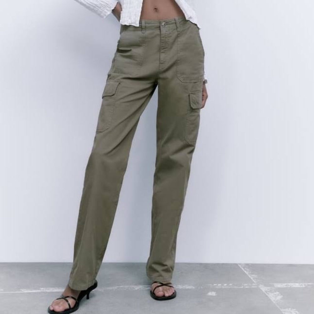 ZARA TRF Straight Leg Cargo Pants - Green